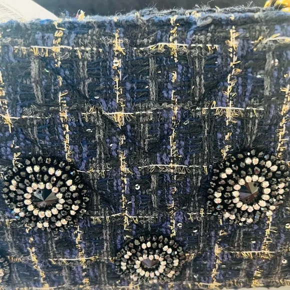 KURT GEIGER NAVY & BLACK EMBELLISHED with Gold Accent Tweed Handbag - Gold Chain - Picture 10 of 16